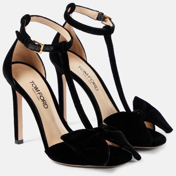 TOM FORD | Velvet Brigitte Sandal in Black T-Strap Open Toe Bow Heels 40 / 8.5 - Picture 1 of 16